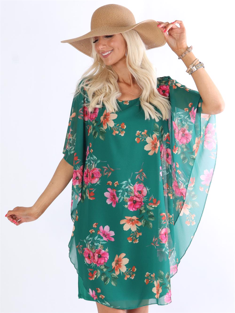 Kenya Flower - Tunikakjole med chiffonlag i blomsterprint